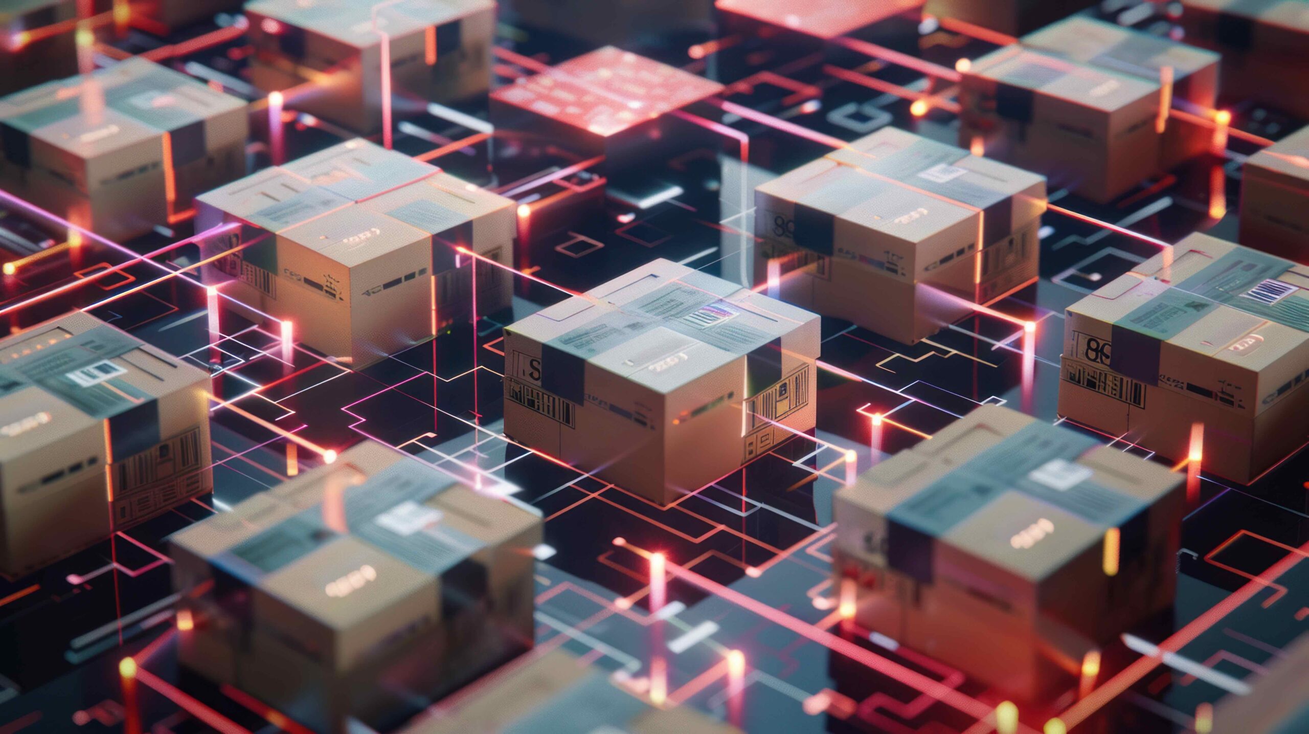 Packages Connected by a Network of Glowing Lines